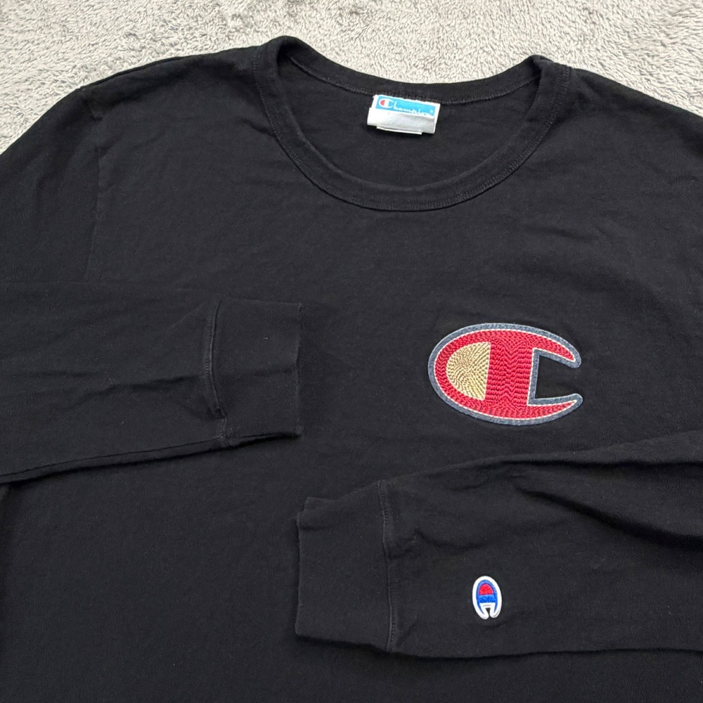 Champion Mens Black Long Sleeve Big C Logo Patch T-Shirt GT47 Large